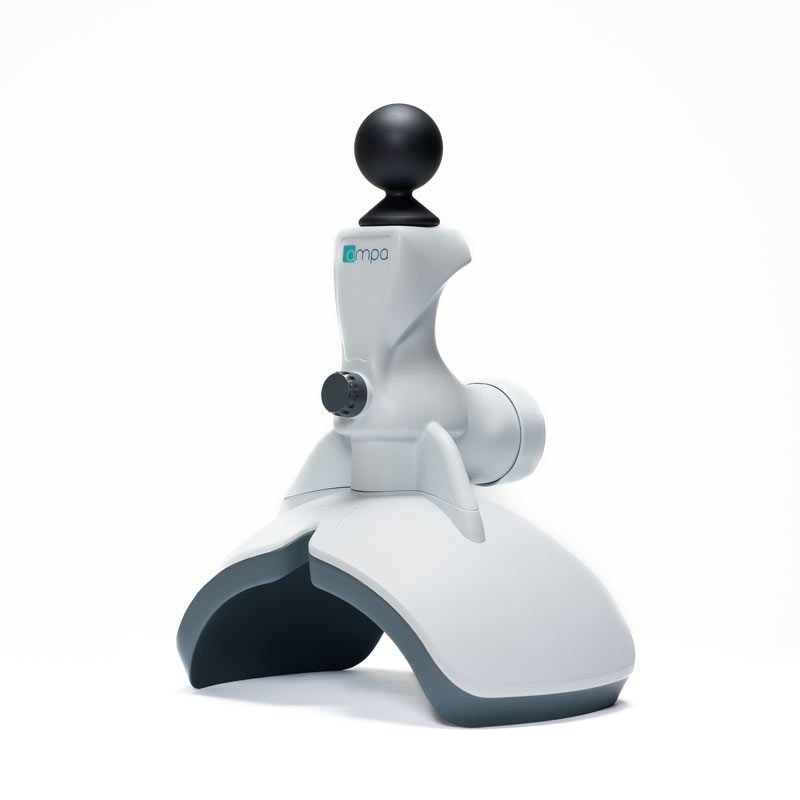 The Ampa One TMS device, a white and grey coil arm on a stabilized base.